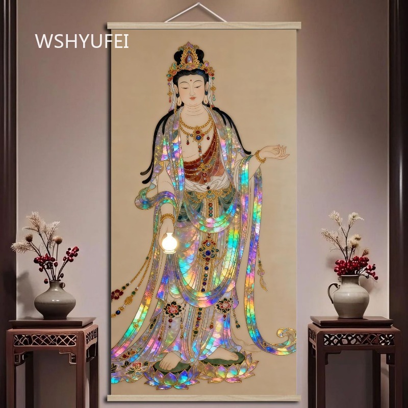 Home Textiles Usa - ภาพแขวนผนังพระกวนอิมสไตล์จีน ประดับเปลือกหอย ผิวสีรุ้ง ศิลปะเซน สำหรับตกแต่งแท่นบูชาในบ้าน